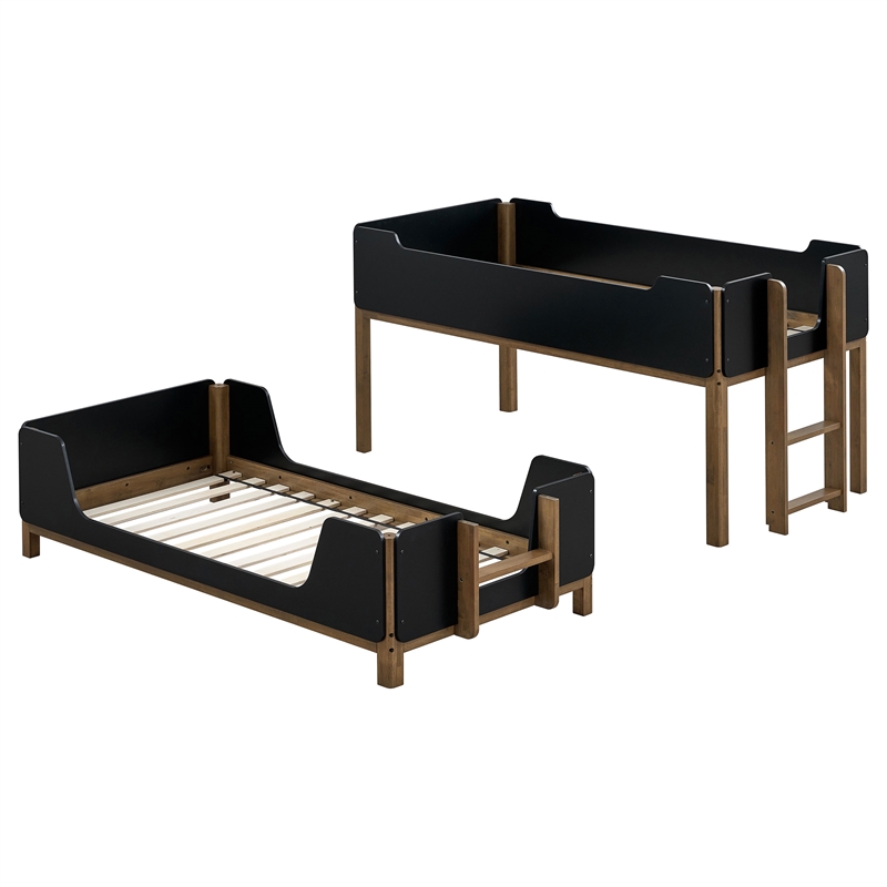 Pemberly Row Transitional Twin Over Twin Wood Bunk Bed in Black and Walnut