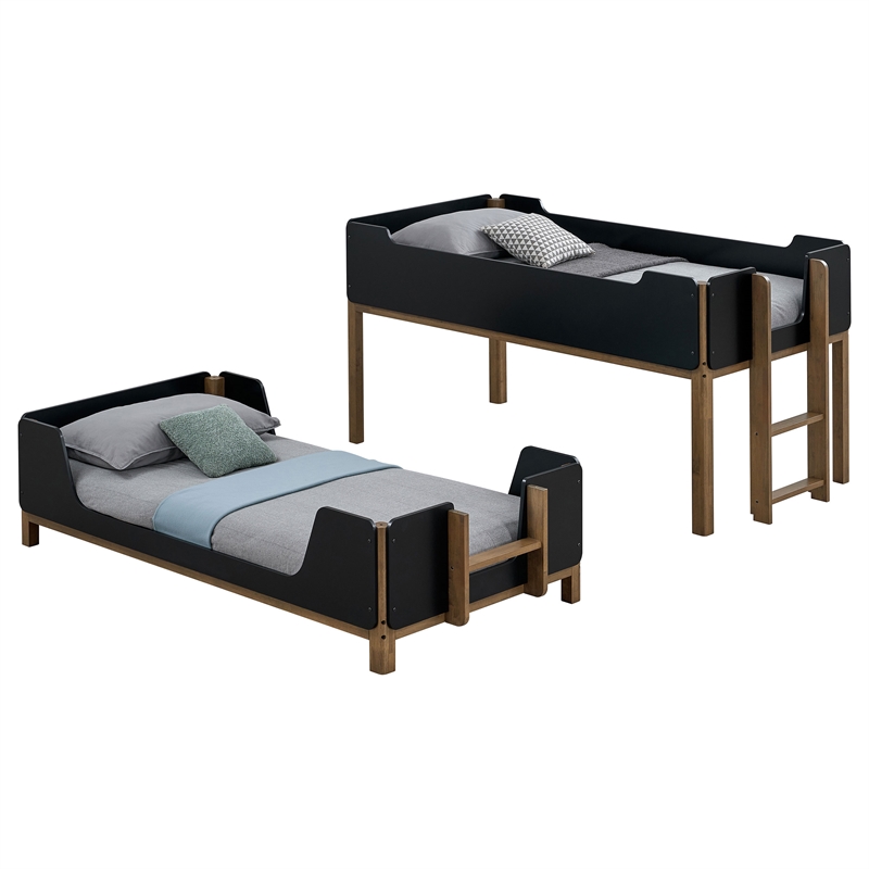 Pemberly Row Transitional Twin Over Twin Wood Bunk Bed in Black and Walnut