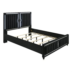Pemberly Row California King LED Upholstered Velvet Panel Bed in Black