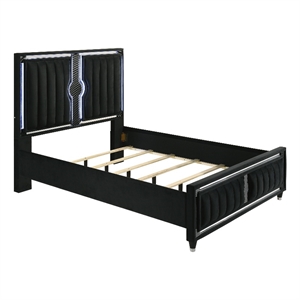 Pemberly Row Queen LED Upholstered Velvet Panel Bed in Black