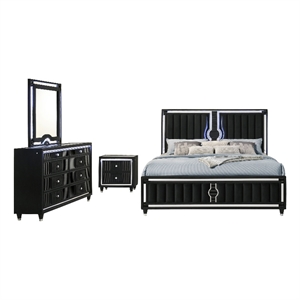 Pemberly Row 4-Piece Eastern King LED Velvet Bedroom Set in Black