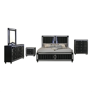 Pemberly Row 5-Piece Eastern King LED Velvet Bedroom Set in Black