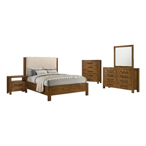 Pemberly Row 5-Piece Queen Wood Bedroom Set in Warm Brown and Cream