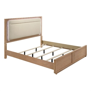 Pemberly Row Eastern King Wood LED Panel Bed in Off White and Light Oak