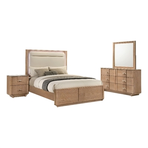 Pemberly Row 4-Piece Wood Queen LED Bedroom Set in Light Oak/Off White