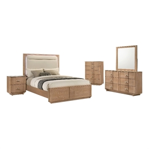 Pemberly Row 5-Piece Wood Queen LED Bedroom Set in Light Oak/Off White