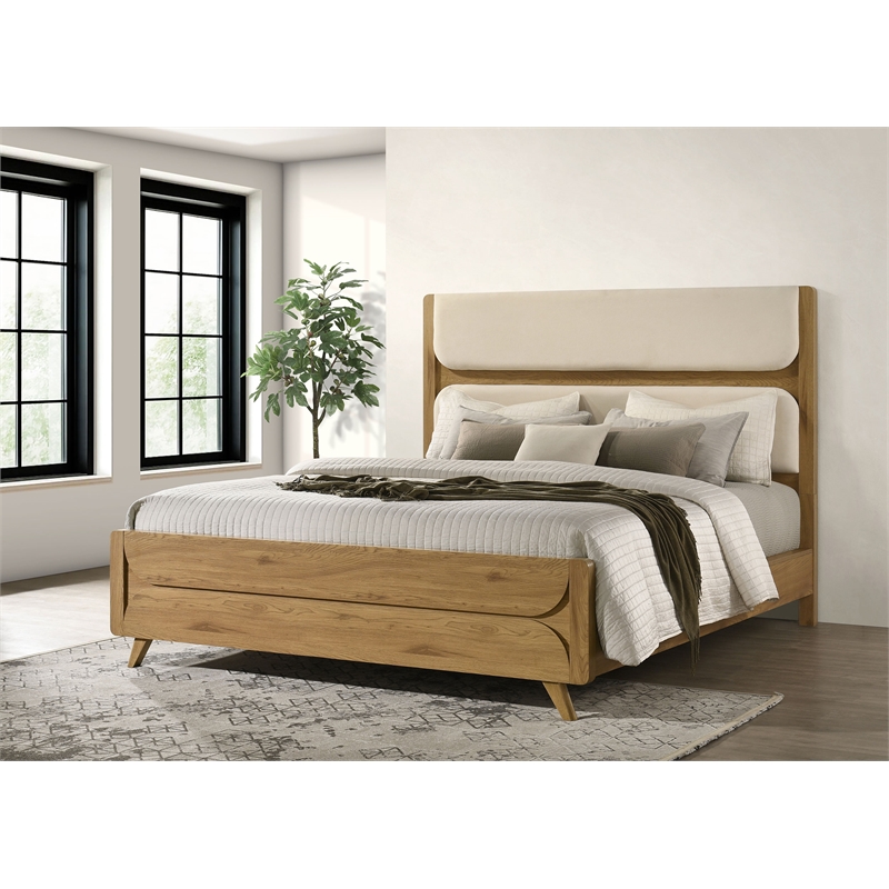 Pemberly Row Mid-Century California King Wood Panel Bed in Cream/Light Oak