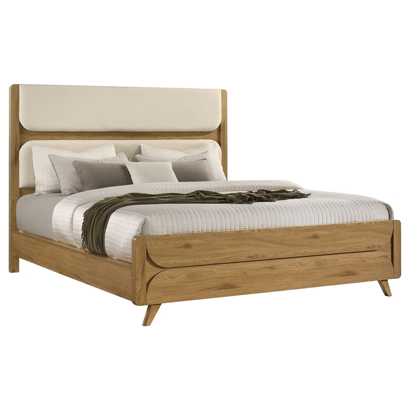 Pemberly Row Mid-Century California King Wood Panel Bed in Cream/Light Oak