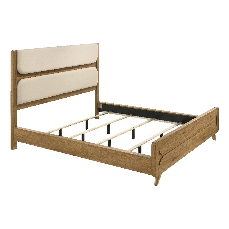 Pemberly Row Mid-Century California King Wood Panel Bed in Cream/Light Oak
