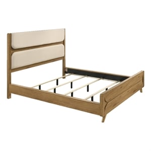 Pemberly Row Mid-Century California King Wood Panel Bed in Cream/Light Oak