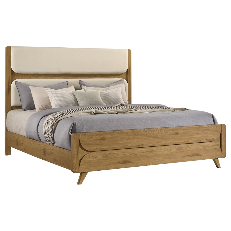 Pemberly Row Mid-Century Eastern King Wood Panel Bed in Cream/Light Oak