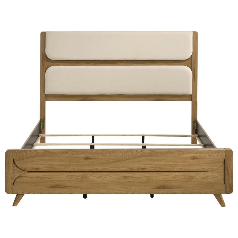 Pemberly Row Mid-Century Eastern King Wood Panel Bed in Cream/Light Oak