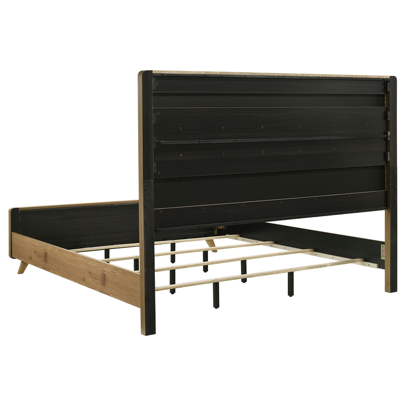 Pemberly Row Mid-Century Eastern King Wood Panel Bed in Cream/Light Oak