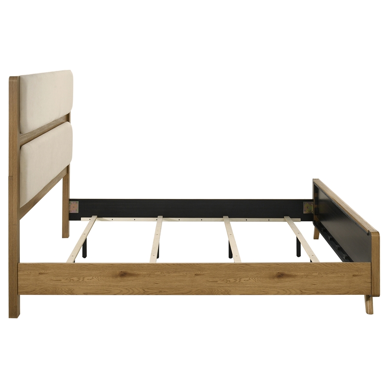 Pemberly Row Mid-Century Eastern King Wood Panel Bed in Cream/Light Oak
