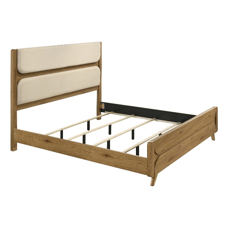 Pemberly Row Mid-Century Eastern King Wood Panel Bed in Cream/Light Oak
