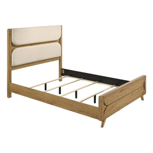Pemberly Row Mid-Century Queen Wood Panel Bed in Cream/Light Oak