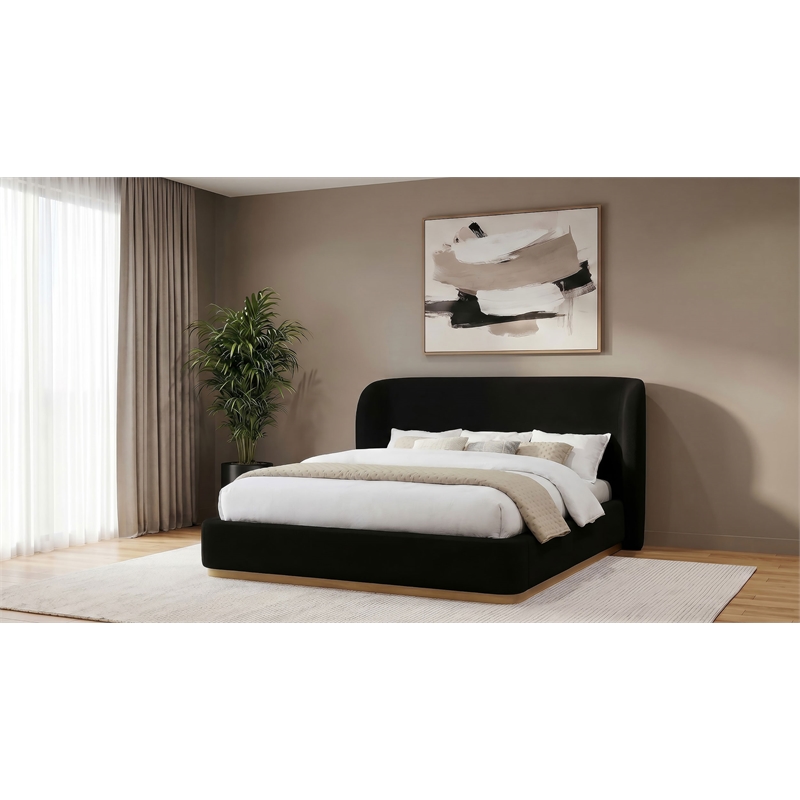 Pemberly Row Eastern King Upholstered Fabric Wingback Platform Bed in Black