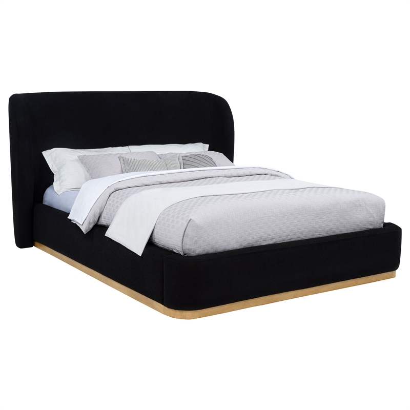 Pemberly Row Queen Upholstered Fabric Wingback Platform Bed in Black