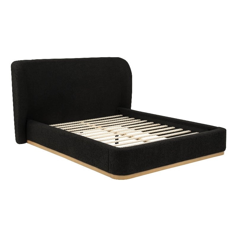 Pemberly Row Queen Upholstered Fabric Wingback Platform Bed in Black