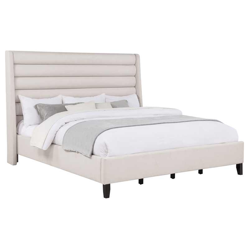 Pemberly Row Eastern King Upholstered Fabric Wingback Platform Bed in Beige