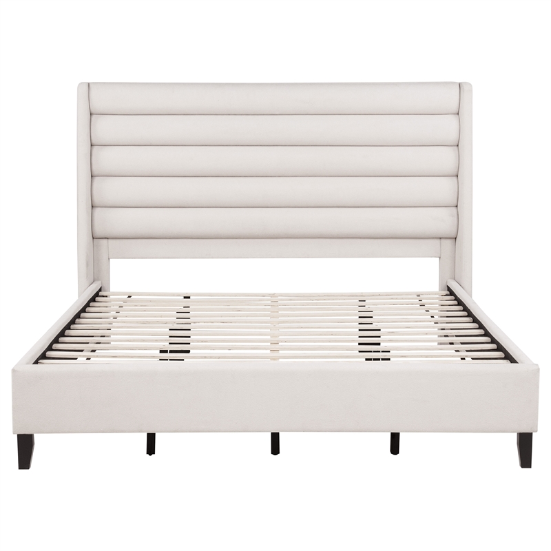 Pemberly Row Eastern King Upholstered Fabric Wingback Platform Bed in Beige