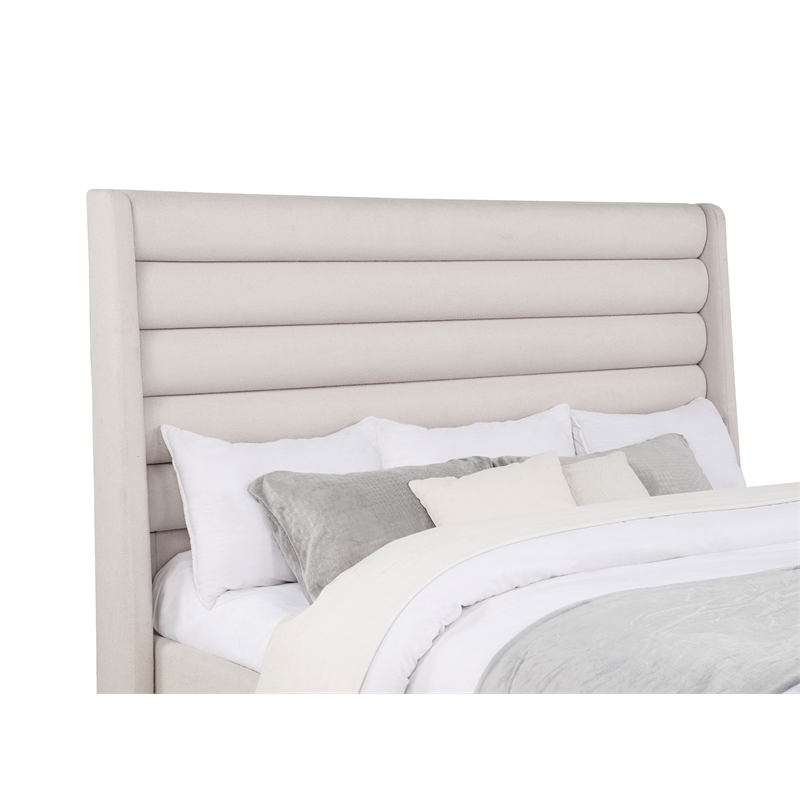 Pemberly Row Eastern King Upholstered Fabric Wingback Platform Bed in Beige
