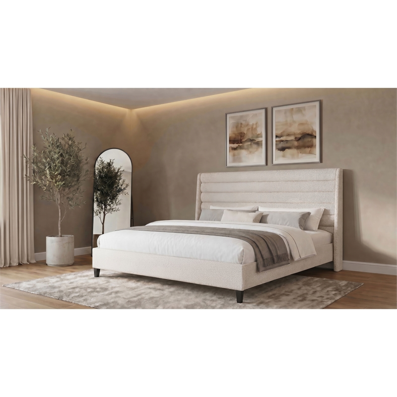 Pemberly Row Eastern King Upholstered Fabric Wingback Platform Bed in Beige