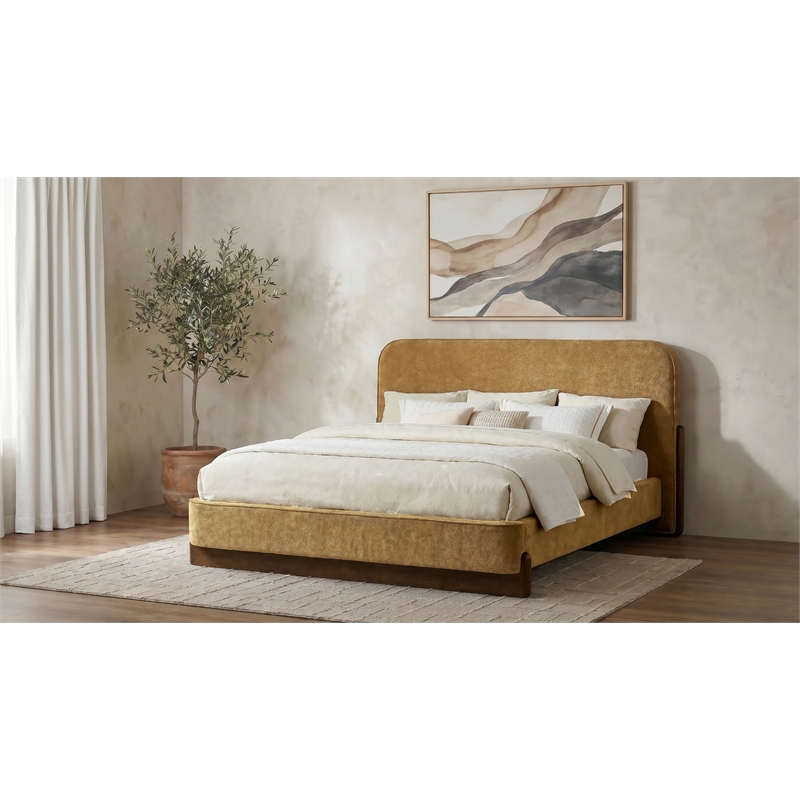 Pemberly Row Fabric California King Platform Bed in Curry Yellow/Walnut