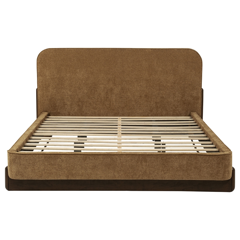 Pemberly Row Fabric California King Platform Bed in Curry Yellow/Walnut