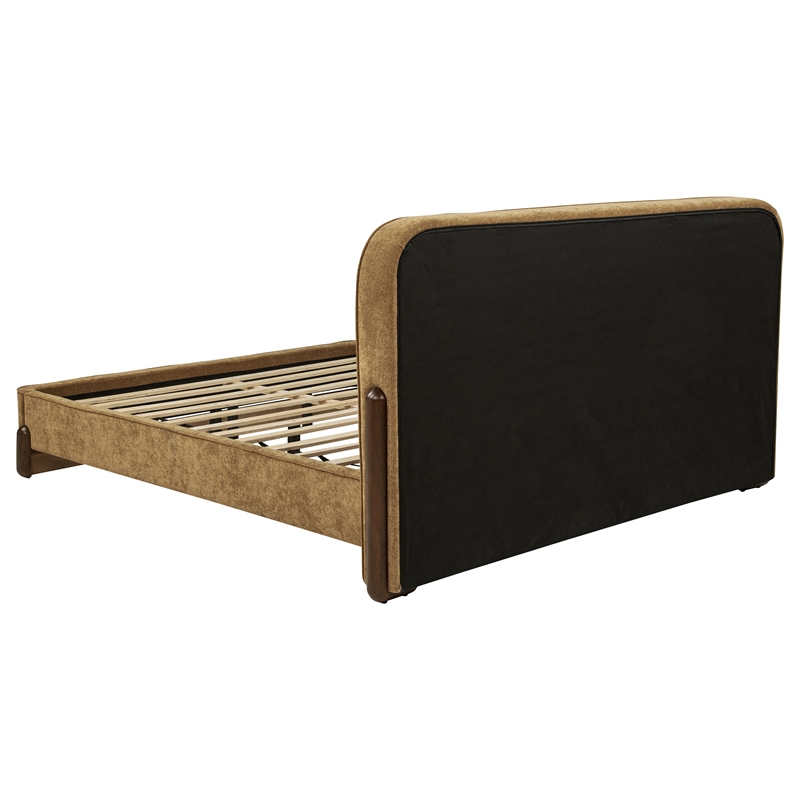 Pemberly Row Fabric California King Platform Bed in Curry Yellow/Walnut