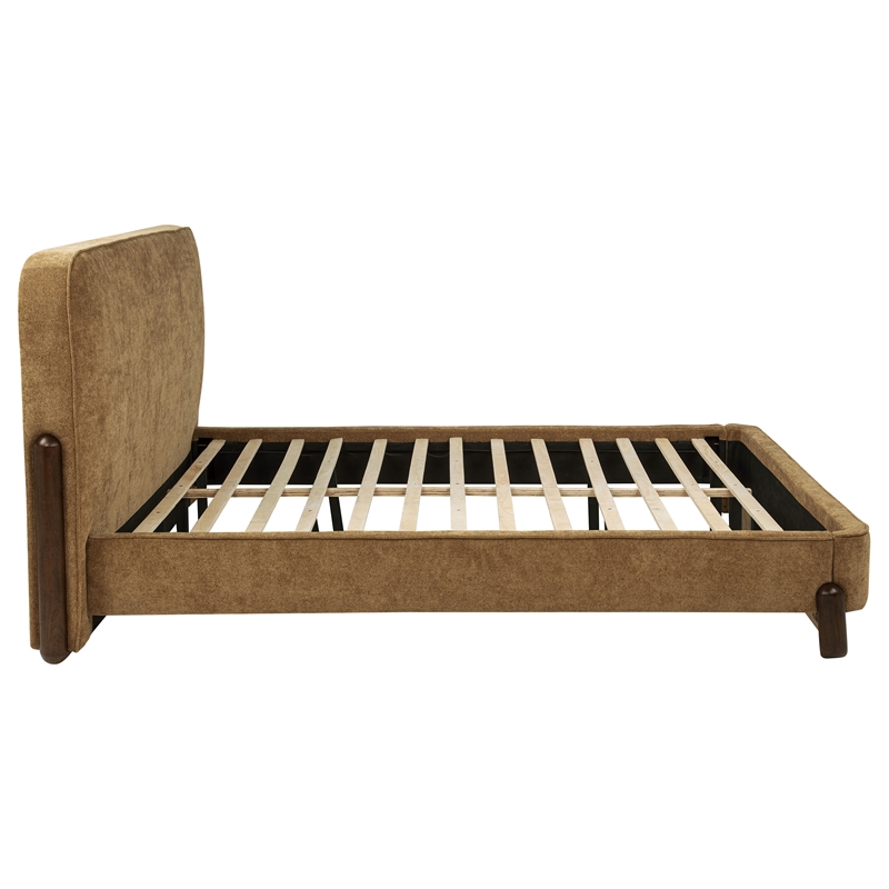 Pemberly Row Fabric California King Platform Bed in Curry Yellow/Walnut