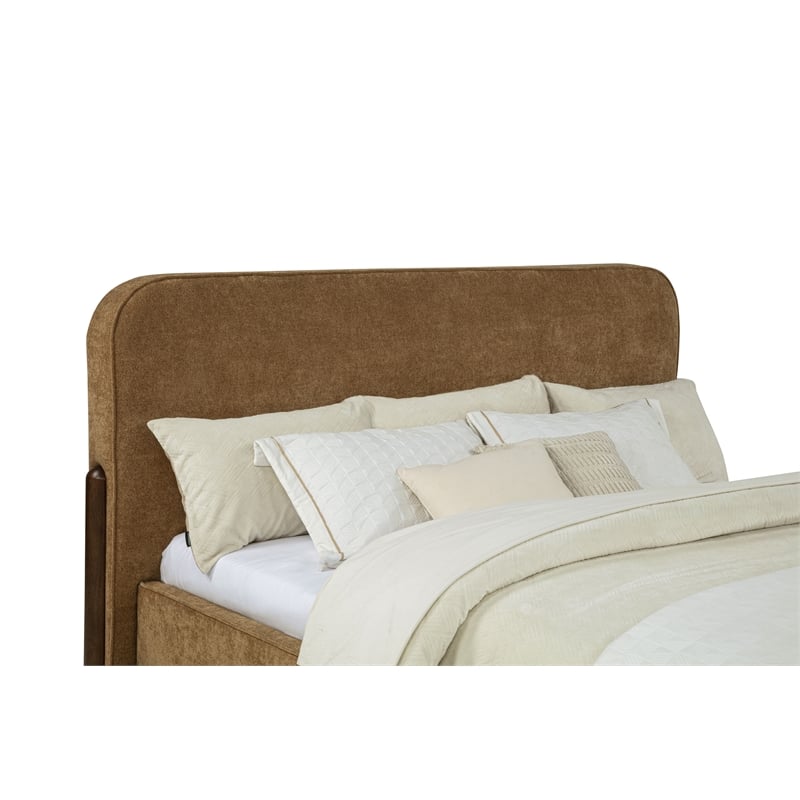 Pemberly Row Fabric California King Platform Bed in Curry Yellow/Walnut
