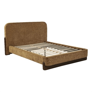 Pemberly Row Fabric Queen Platform Bed in Curry Yellow/Walnut