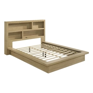 Pemberly Row Queen Wood Bookcase Platform Bed with Cubbies in Light Oak