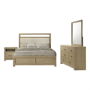 Pemberly Row 4-Piece Wood Queen Upholstered Bedroom Set in Light Oak