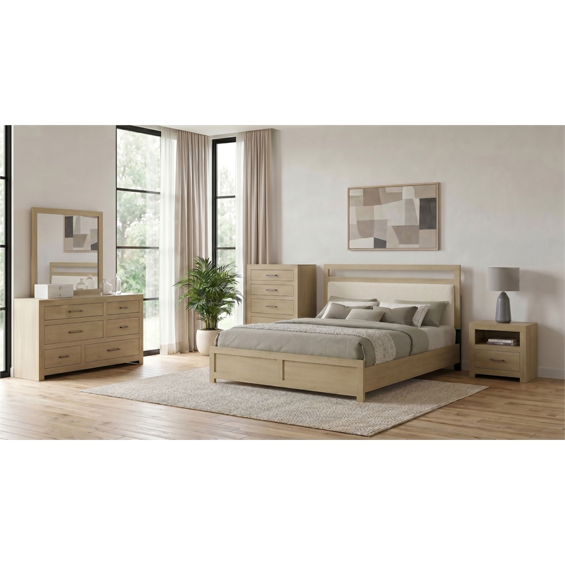 Pemberly Row 5-Piece Wood Queen Upholstered Bedroom Set in Light Oak