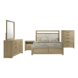 Pemberly Row 5-Piece Wood Queen Upholstered Bedroom Set in Light Oak