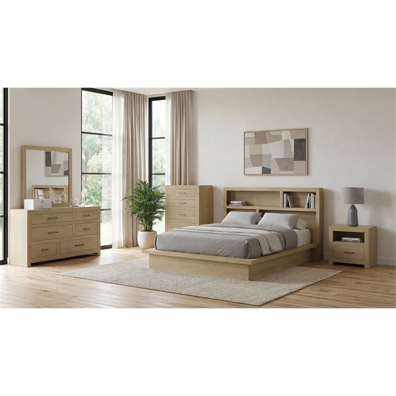Pemberly Row 5-Piece Wood Eastern King Bookcase Bedroom Set in Light Oak