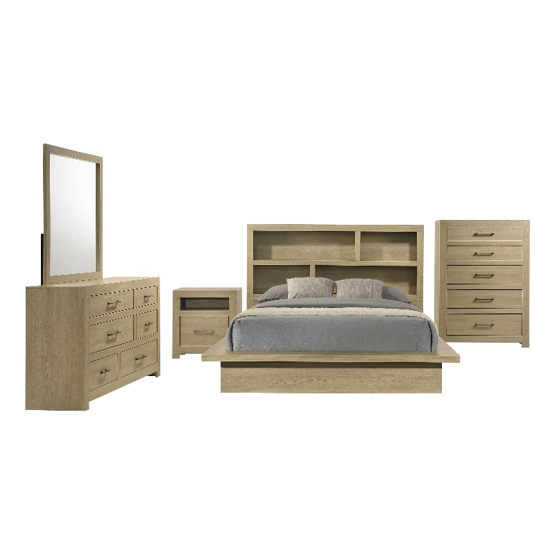Pemberly Row 5-Piece Wood Eastern King Bookcase Bedroom Set in Light Oak
