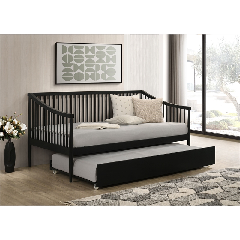 Pemberly Row Transitional Wood Windsor Twin Daybed with Trundle in Black
