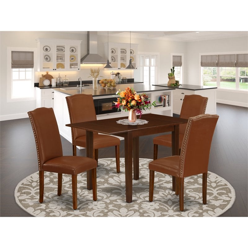 Pemberly Row 5-Piece Dining Table Set in Brown PU Leather and Mahogany