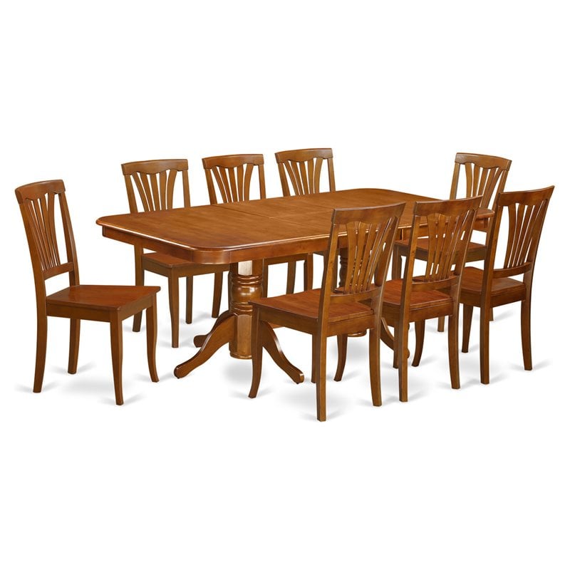 Pemberly Row 9-Piece Dining Set with Wood Seats in Saddle Brown