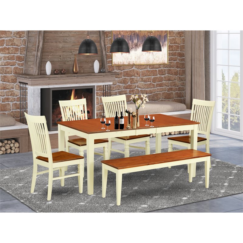 Pemberly Row 6-Piece Dinette Set with Bench and Leaf in Buttermilk Cherry