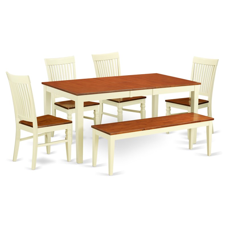 Pemberly Row 6-Piece Dinette Set with Bench and Leaf in Buttermilk Cherry