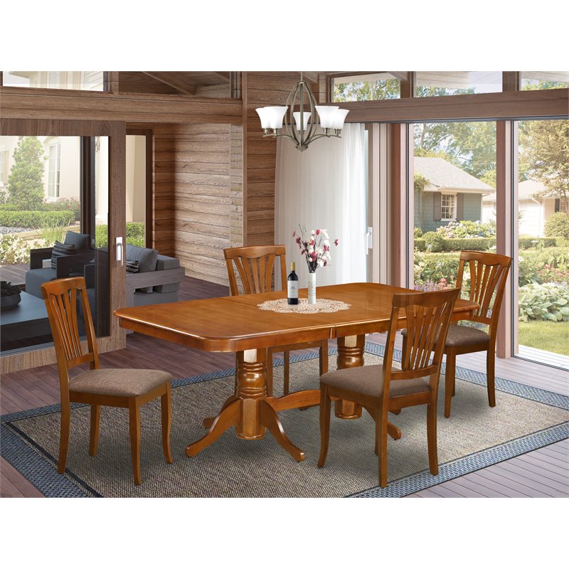 Pemberly Row 5-Piece Wood Dining Set with Double Pedestal Table in Saddle Brown