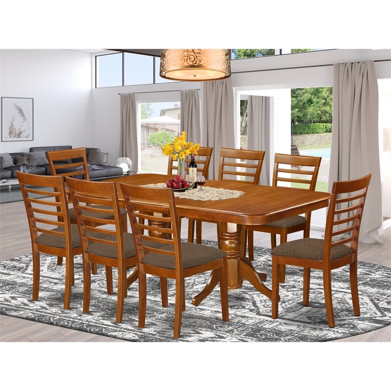 Pemberly Row 9-Piece Dining Set w/ Cushion Seats in Saddle Brown