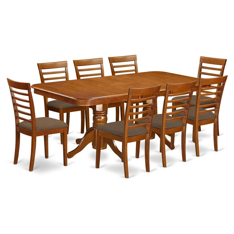 Pemberly Row 9-Piece Dining Set w/ Cushion Seats in Saddle Brown