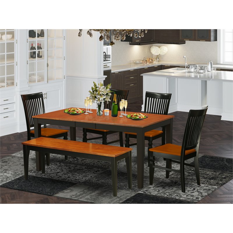 Pemberly Row 6-Piece Wood Dining Set with Bench and Leaf in Black and Cherry