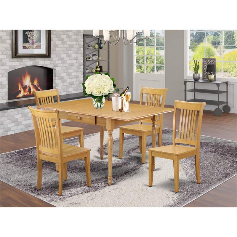 Pemberly Row 5-Piece Dining Set in Oak with Wooden Seats and Slat Back