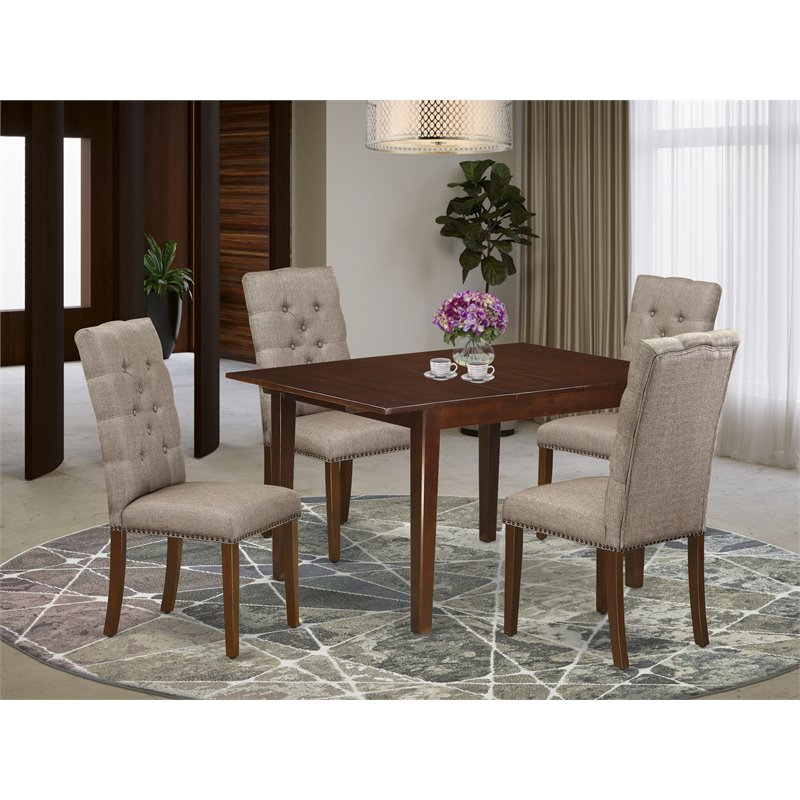 Pemberly Row 5-Piece Wood Dining Set with Khaki Parson Chairs in Mahogany